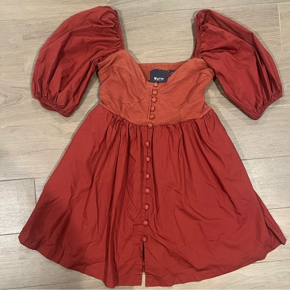 Anthropologie Maeve Puff-Sleeved Sweetheart Mini Dress - Rust color - Picture 2 of 8